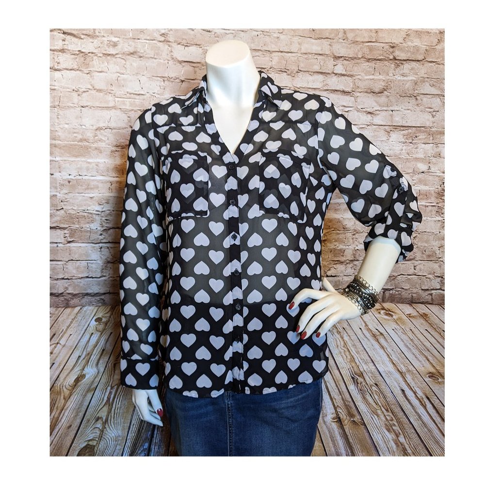 Express The Portofino Shirt Top Sz Small Sheer Heart Print Tab Sleeve Button Up